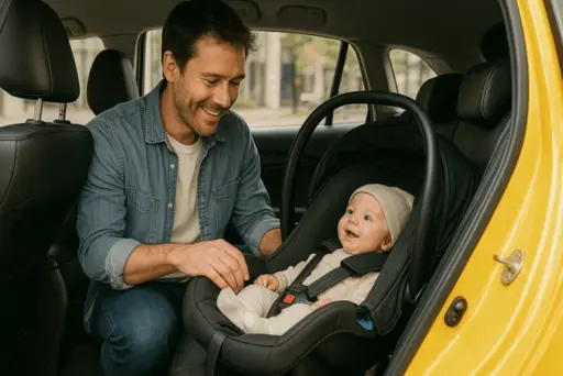 Baby capsule taxi Melbourne, father fitting an infant into an approved baby capsule